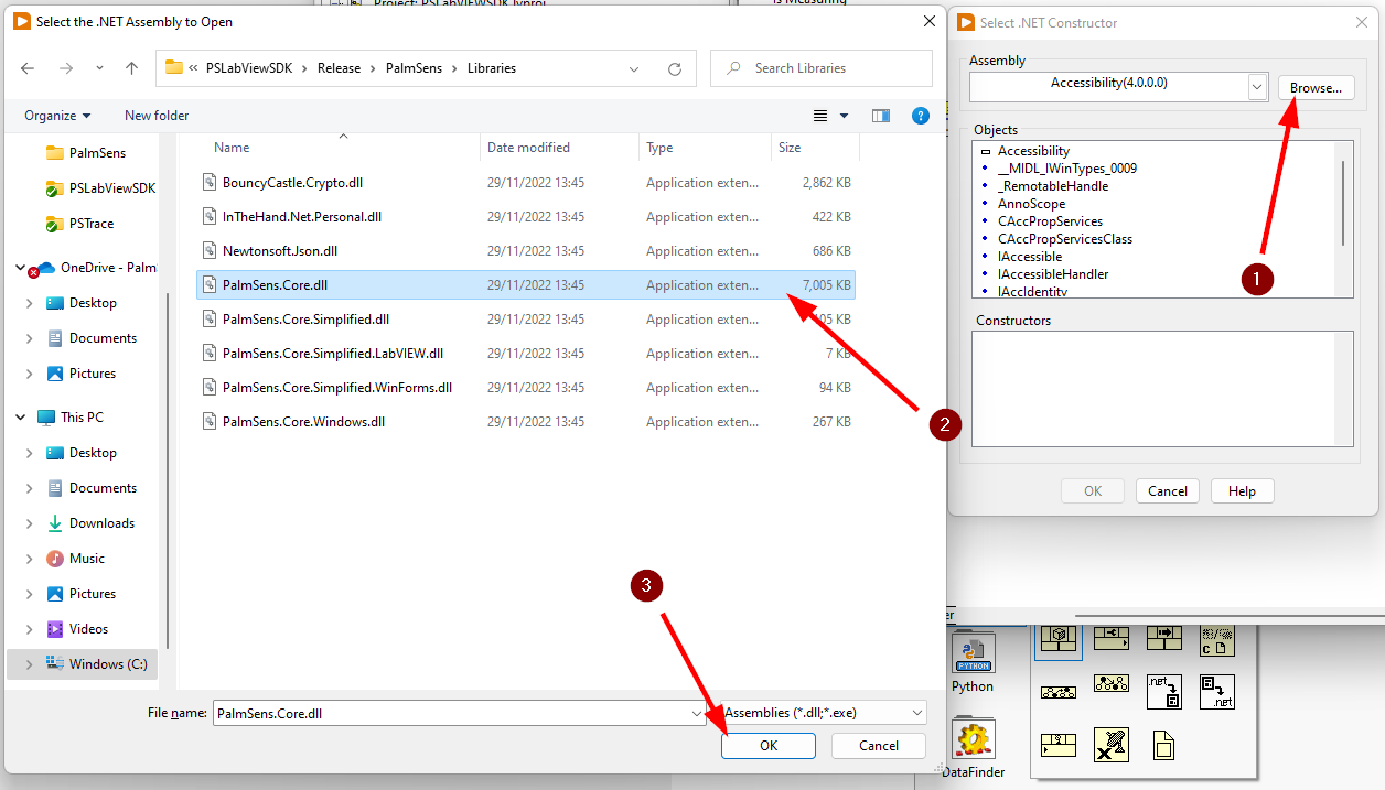 Browse for `PalmSens.Core.dll`