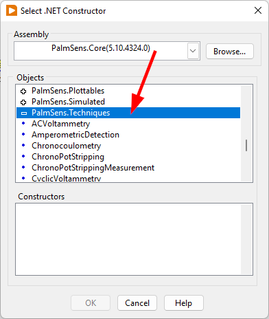 Select `PalmSens.Techniques` item