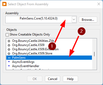 Select PalmSens.Core in the Select Object From Assembly window
