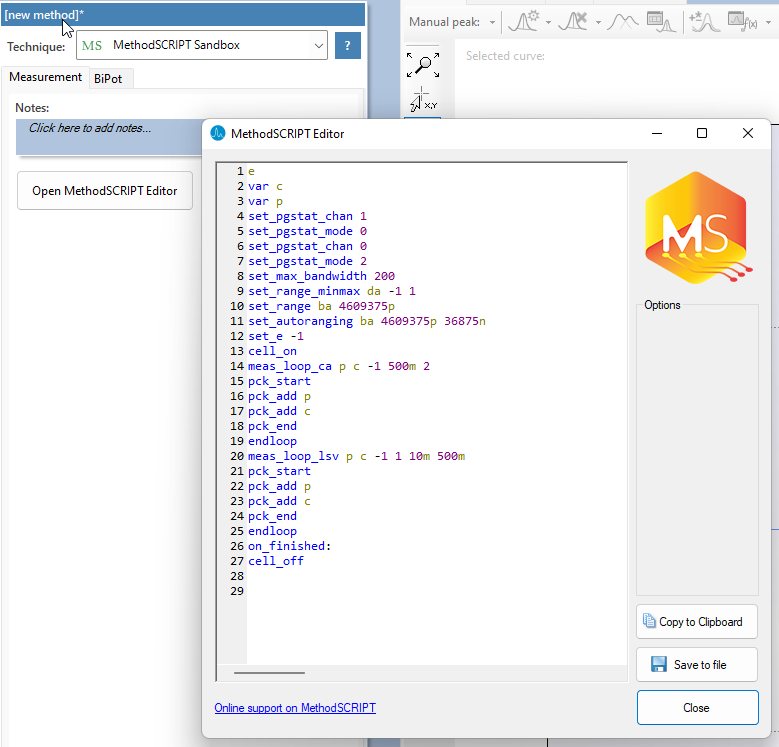 MethodSCRIPT editor in PSTrace